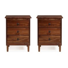 a pair of wooden nightstands sitting next to each other