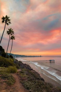 the sun is setting at the beach with palm trees and a pier in the distance