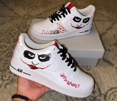 Joker themed hand painted Nike Air Force 1's Painted Nike Air Force, Custom Sneakers Diy, Painted Nikes, Nike Air Force 1s, Air Force 1s, Shoe Designs, Shoe Ideas, Custom Air Force 1, Sneakers Athletic