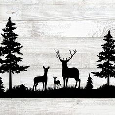 an image of deer and fawns in the woods with pine trees on wood background