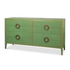 a green and gold dresser with four drawers on one side and two doors on the other