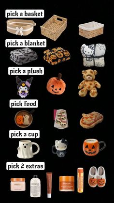 there are many different types of items on this black background, including pumpkins and other things