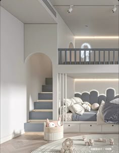 there is a loft bed in the middle of this room, with stairs leading up to it