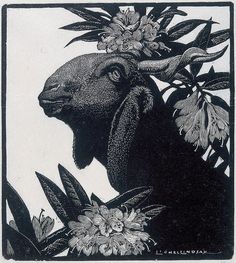 an animal with flowers on its head is shown in this black and white drawing,