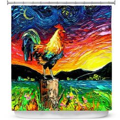 a rooster standing on top of a wooden post in front of a night sky with stars and