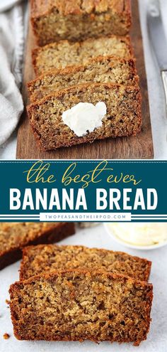 the best ever banana bread with cream cheese on top is cut in half and ready to be eaten