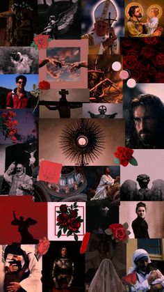 a collage of images with red roses on them and the image of jesus surrounded by other pictures