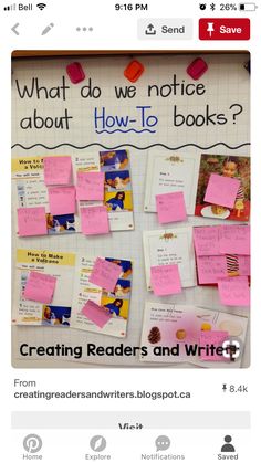 a bulletin board with post it notes on it and the words what do we notice about how to write?