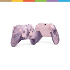 an image of two video game controllers in different colors and patterns on a white background