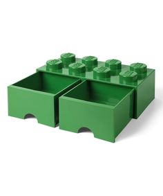 three green lego storage containers with one open and the other closed