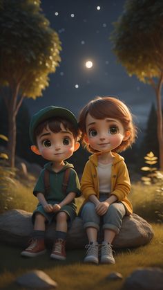 two children sitting on top of a rock in the grass under a full moon and stars