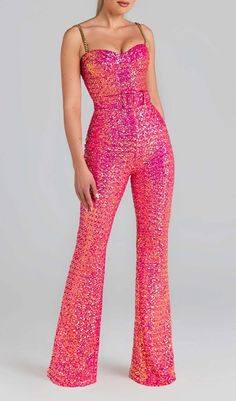 Dance Till Dawn in This Playful Hot Pink Jumpsuit! Rows of Glitter Add Party-Perfect Sparkle While the Flared Legs Scream Retro Disco Fever. The Sleeveless Cut With Plunging Neckline Is Sexy and Comfortable. Tailored to Hug Your Shape Without Restricting Movement, so You Can Boogie Worry-Free All Night Long. Gentle Dry Clean Only Colour may vary due to lighting on images. The product images (without model) are closest to the true colour of the product.Item runs true to size chart and is cut to s Tube Top Jumpsuit, Look Formal, Sequin Jumpsuit, Bodycon Jumpsuit, Pink Jumpsuit, Rose Rouge, Straight Trousers, Flare Trousers, Jumpsuit Fashion