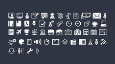 the white icons are arranged in rows on a dark background, including telephones and other electronic devices