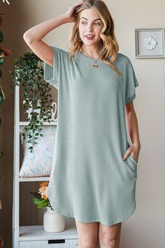 Heimish Full Size Ribbed Round Neck Short Sleeve Tee Dress One Piece Jumper, Layered Sweater, Ribbed Mini Dress, Ribbed Dresses, Romper Dress, Lovely Dresses, Large Bust, Tee Dress, Trending Dresses