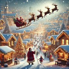 santa's sleigh flying over a village with lots of christmas trees and people