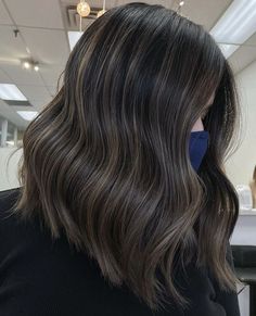 Dusty Brown Highlights On Black Hair, Brown Balayage In Black Hair, Dark Brown Ash Blonde Highlights, Ashy Dark Brown Balayage, Babylights In Black Hair, Dark Balayage Black Ash, Black And Blond Balayage, Brunette Balayage Hair Black, Ashy Blonde On Black Hair