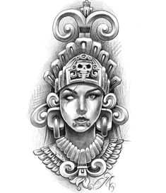 a black and white drawing of a woman's face with an ornate headdress