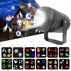 a projector light with halloween images on it and the image is projected in different colors