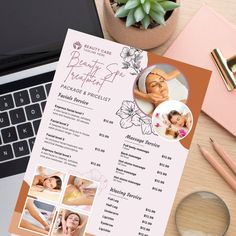 a beauty spa brochure sitting on top of a desk next to a laptop