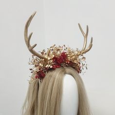 Antler Tiara, Gold Antler Crown, Forest Tiara Fairy Crown, Fantasy Antlers Headdress, Antler Flower, Elf Tiara, Fairy Headband, Antler Crown, Antler Headdress Pagan