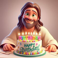 a cartoon character sitting at a table with a birthday cake in front of him and the words happy birthday written on it