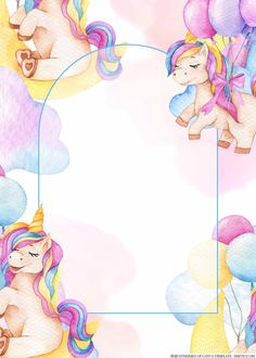 watercolor unicorns with balloons and clouds in the background for a birthday card or banner