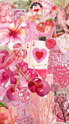 a collage of pink flowers and hearts