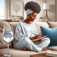 a painting of a woman sitting on a couch with a glass of wine in front of her