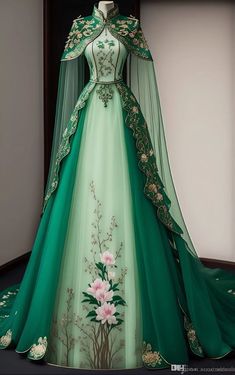 Green Princess Dress Fairytale, Green Fantasy Outfit, Princess Dress Fairytale Royal, Green Fantasy Dress, Sewing Hobby, Engagement Gown, Magical Dress, Royal Green, Light Green Color