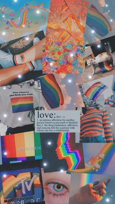 the collage is made up of many different pictures and words, including rainbows