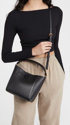 Tory Burch Mcgraw Small Bucket Bag | SHOPBOP Tory Burch Bucket Bag, Small Bucket Bag, Small Buckets, Classic American Style, Mini Bucket Bags, Leather Bucket Bag, Colored Leather, Black Logo, Open Top