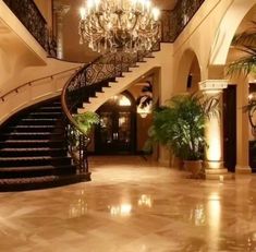 an elegant staircase with chandelier and potted plants in the middle of it