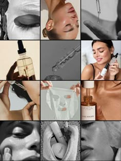 a collage of photos with different types of skin care products and woman's face