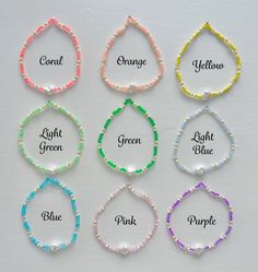 🌸 Comes in coral, orange, yellow, light green, green, light blue, blue, pink, and purple. 🌼 Cute, dainty, and colorful beaded bracelets. 🌸 Using the sizing guide, select the appropriate size for your wrist measurement. Small Beaded Bracelets Simple, Small Beads Bracelets Ideas, Bracelet Small Beads, Small Glass Bead Bracelet Ideas, Bead Friendship Bracelet Ideas, Bracelet Pictures Ideas, Glass Bead Bracelet Patterns Ideas, Seed Bead Bracelets Ideas Color Combos, Tiny Bead Bracelet Ideas