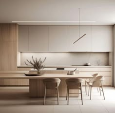 a modern kitchen with wooden cabinets and white counter tops, along with beige dining chairs