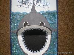 a birthday card with a shark's mouth and the words happy birthday written on it