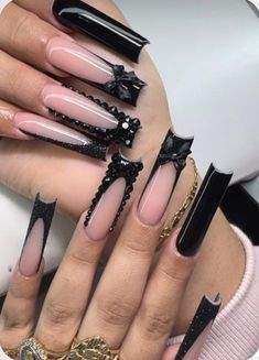 *PLEASE READ* If "Custom" sizing has been chosen, please leave your sizes in the note to seller section before checking out. You can get these nails in any listed shape, any size (extra small, small, medium, large, or custom) and any length (short, medium, long, extra long, and extra extra long). ALL OF MY SETS ARE HAND PAINTED WITH GEL, NOT ACRYLIC. Please note that ACRYLIC can be requested for any set, but will COST MORE than gel. THE MATERIALS LISTED IN EACH LISTING ARE JUST ALL THE MATERIALS French Tip Nail Designs With Rhinestones, Xl Long Acrylic Nails Y2k, Black Long Acrylic Nails Square, Black French With Design, Black Long Nails Ideas, Fuerza Regida Nails, Long Black Nail Designs, Nails With Boyfriends Name, Matric Nails