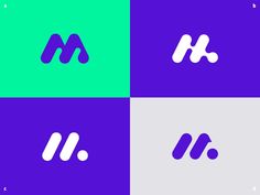 the letter m is made up of four different colors and shapes, including blue, green, purple, and white