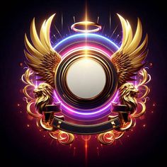 an abstract background with gold wings and a circular frame on top of it, surrounded by bright lights