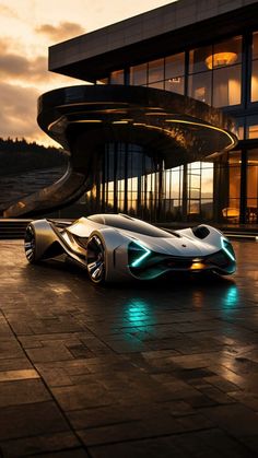 a futuristic car parked in front of a building