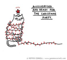 a drawing of a cat wearing a christmas sweater with the caption, acccessored and ready for the christmas party