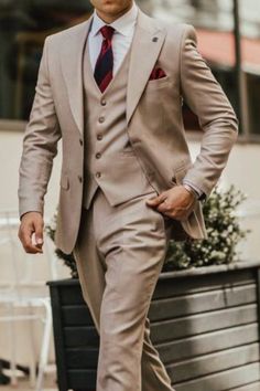 Beige Suit Burgundy Tie, Beige Suit With Burgundy Tie, Tan Suit Burgundy Tie, Tan Suit Red Tie, Beige Suit Red Tie, Male Wedding Suit, Tan Suit Men, Mens Custom Suits