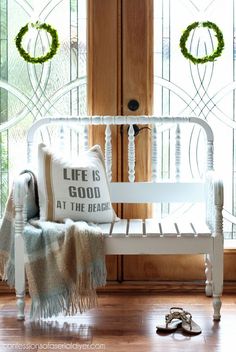 an advertisement for a bench in front of a wooden door with the words $ 20 on it