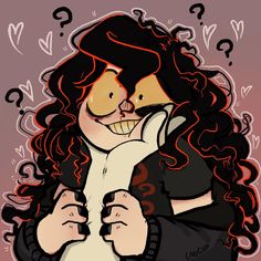 a drawing of a woman holding a cat with question marks around her face and nose