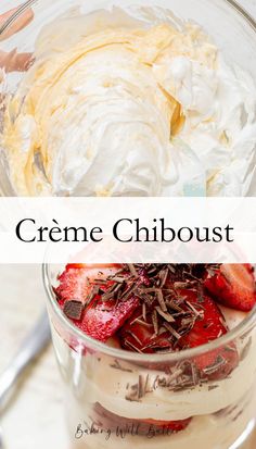 creme, whipped cream and strawberries in a glass bowl