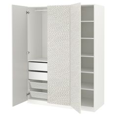 an open white closet with shelves and drawers on the bottom, one door is closed