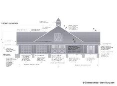 an architectural drawing of the front elevation of a house with garages and dormers