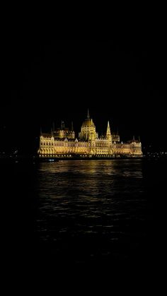 a large castle lit up at night on the water