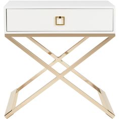 a pink and gold side table with two drawers on one end, an x - frame design at the bottom