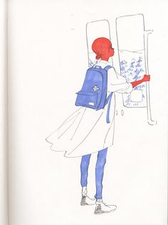 a drawing of a woman with a blue backpack looking at a painting on the wall